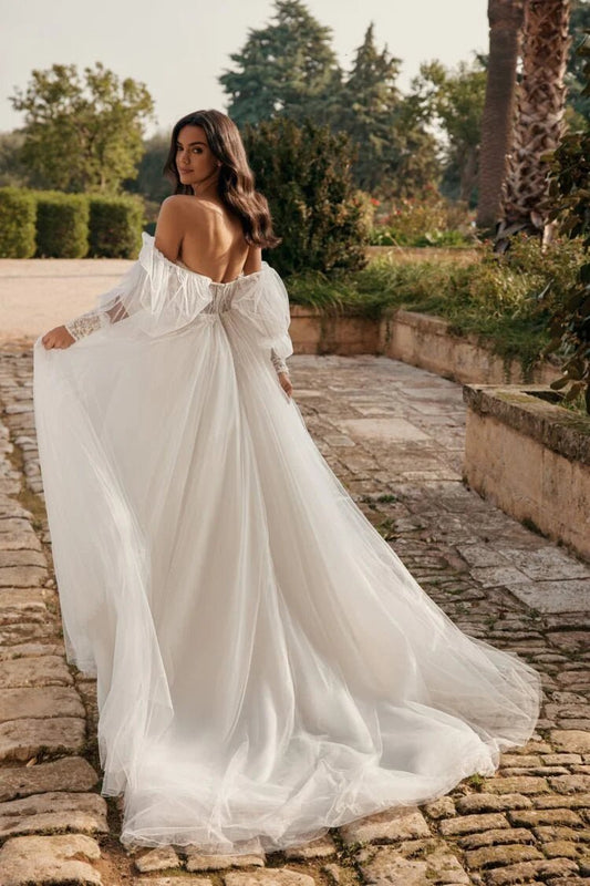 Puff Sleeve High Split Wedding Dresses Sweetheart Tulle Robe De Mariée A-line Backless Bridal Party For Women - Camilla's