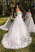 Puffy A-Line Wedding Dress with Strapless Off-Shoulder Neckline and Exquisite