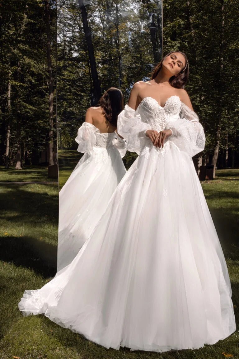 Puffy A-Line Wedding Dress with Strapless Off-Shoulder Neckline and Exquisite