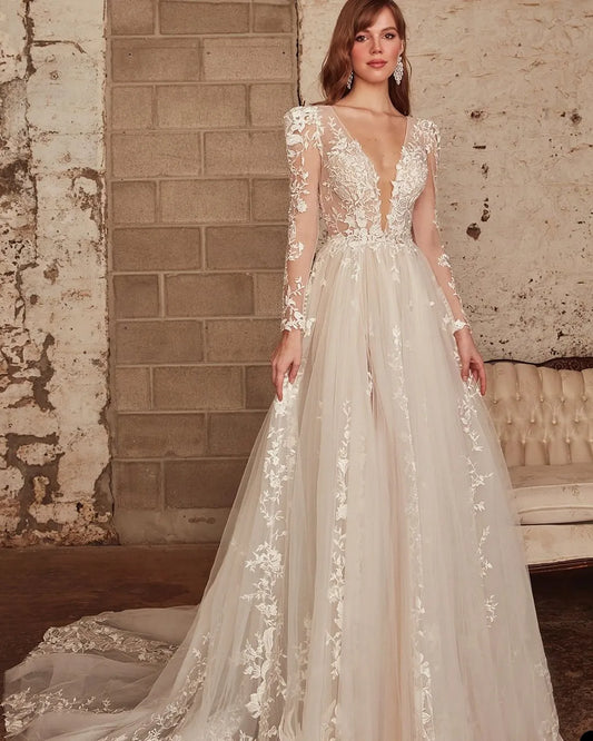 Vestidos de novia modernos con mangas largas de encaje y cuello en V, vestidos largos y elegantes con flores, vestido Formal de princesa para novia