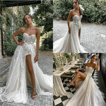 Sexy Beach Wedding Dresses For Bride Elegant Lace Boho Wedding Gowns Strapless Sleeveless High Split Princess Backless