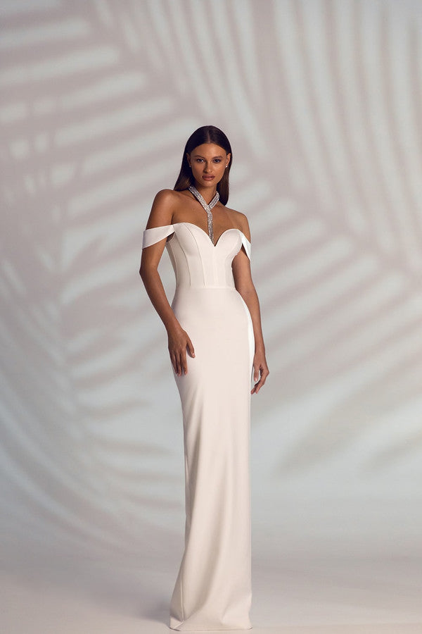 Elegant Sheath Wedding Dress with Off-the-Shoulder Neckline, Beaded Lace & Flattering Natural Waistline for a Sophisticated Bridal Look