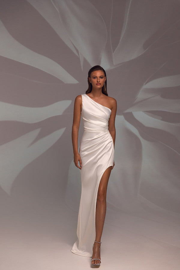 Chic Sheath Wedding Dress with Spaghetti Straps, Asymmetric Neckline & Dropped Waistline for a Bold and Modern Bridal Look