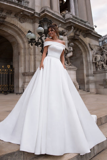 Roundness Shoulder Dress Bow Court Train Modern Mermaid Satin Gown Vestido De Novia Princess Bridal Sleeveless