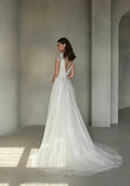 Romantic A-Line Bridal Gown with Cap Sleeves, V-Neckline, and Elegant Button Embellishments for a Stunning Look