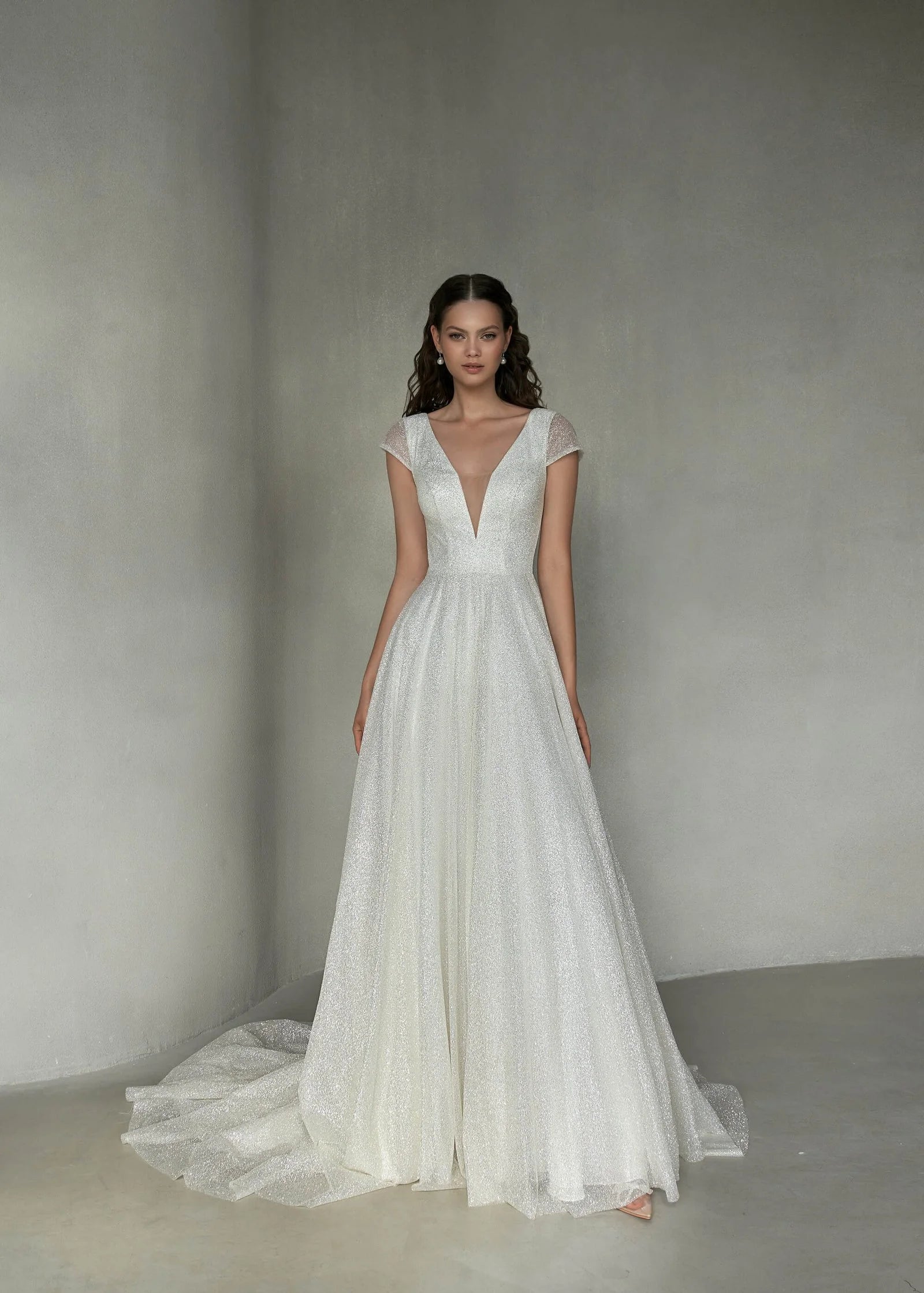 Romantic A-Line Bridal Gown with Cap Sleeves, V-Neckline, and Elegant Button Embellishments for a Stunning Look