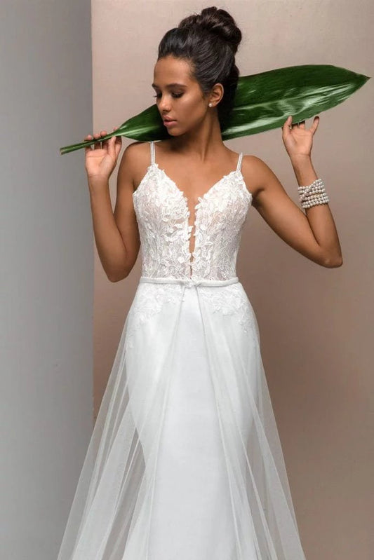 Romantic Mermaid Wedding Dress with Straps, V-Neckline, and Lace Embellishments for a Stunning Bridal Look - Camilla's