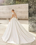 Romantic A-Line Wedding Gown with Delicate Lace Detailing, Elegant Cap Sleeves, and a Flattering V-Neckline for a Timeless and Graceful Bridal Look