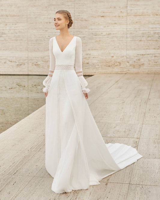 Sophisticated Sheath Wedding Gown with Elegant Long Sleeves, V-Neckline, and a Flattering Natural Waistline for a Timeless Bridal Look