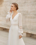 Sophisticated Sheath Wedding Gown with Elegant Long Sleeves, V-Neckline, and a Flattering Natural Waistline for a Timeless Bridal Look