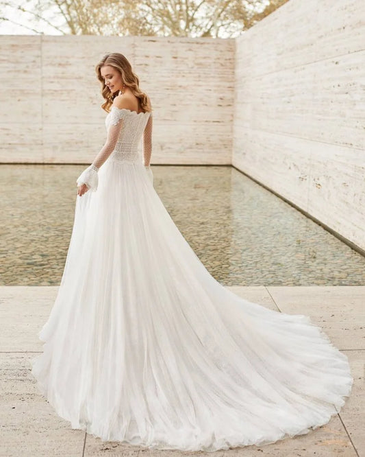 Romantic A-Line Wedding Dress with Elegant Long Sleeves, Off-Shoulder Neckline, and a Flattering Natural Waistline for a Breathtaking Bridal Look - Camilla's