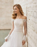 Romantic A-Line Wedding Dress with Elegant Long Sleeves, Off-Shoulder Neckline, and a Flattering Natural Waistline for a Breathtaking Bridal Look