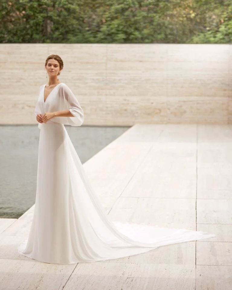 Elegant Sheath Wedding Dress with Graceful Long Sleeves, V-Neckline, and a Flattering Natural Waistline for a Sophisticated Bridal Look