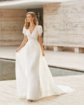 Romantic A-Line Wedding Gown with Delicate Lace Detailing, Graceful Cap Sleeves, and a Flattering V-Neckline for a Timeless and Elegant Bridal Look