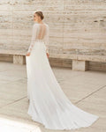 Elegant A-Line Wedding Gown with Exquisite Lace Detailing, Graceful Long Sleeves, and a Flattering V-Neckline for a Timeless and Sophisticated Bridal Look