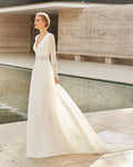 Elegant A-Line Wedding Gown with Exquisite Lace Detailing, Graceful Long Sleeves, and a Flattering V-Neckline for a Timeless and Sophisticated Bridal Look