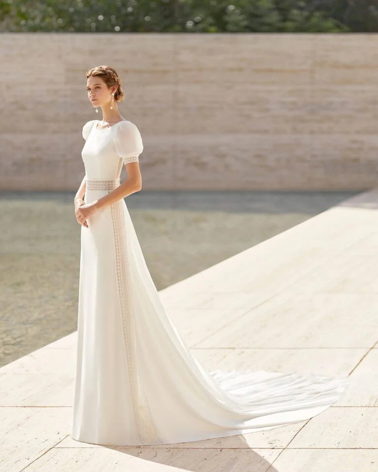 Graceful A-Line Wedding Dress with Delicate Cap Sleeves, Elegant Scoop Neckline, and a Flattering Natural Waistline for a Timeless Bridal Look