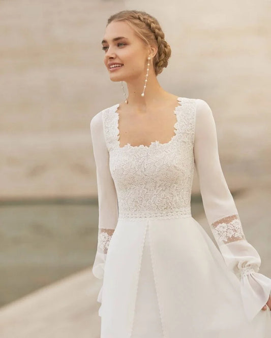 Sophisticated Sheath Wedding Dress with Elegant Long Sleeves, Square Neckline, and a Flattering Natural Waistline for a Timeless Bridal Look