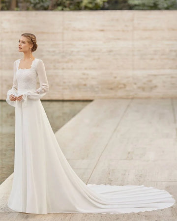 Sophisticated Sheath Wedding Dress with Elegant Long Sleeves, Square Neckline, and a Flattering Natural Waistline for a Timeless Bridal Look