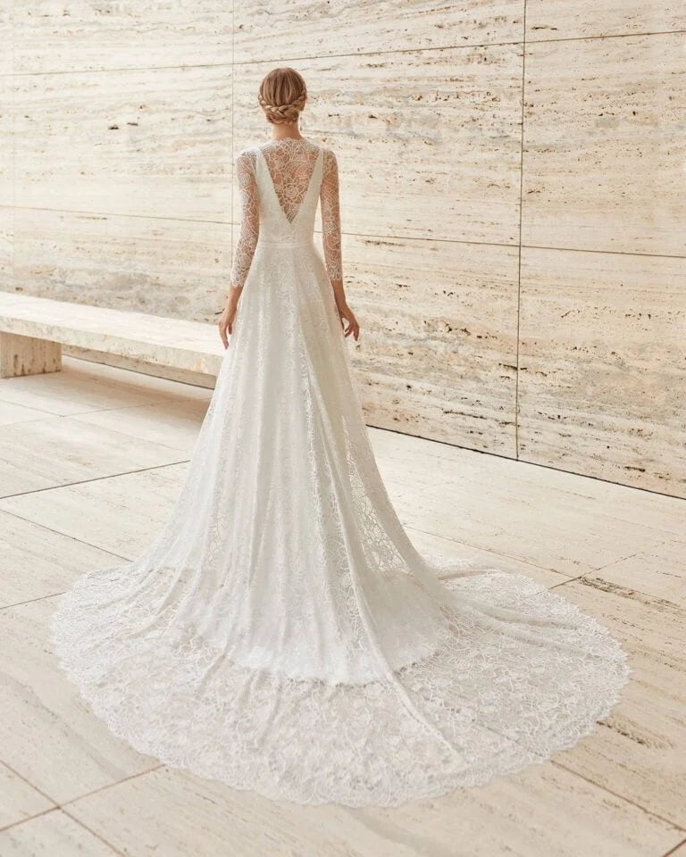 Elegant Sheath Wedding Dress with Graceful Long Sleeves, V-Neckline, and a Flattering Natural Waistline for a Sophisticated Bridal Look