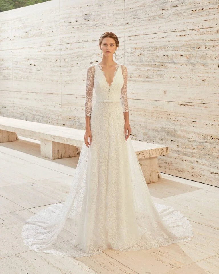 Elegant Sheath Wedding Dress with Graceful Long Sleeves, V-Neckline, and a Flattering Natural Waistline for a Sophisticated Bridal Look