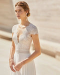 Elegant Sheath Wedding Gown with Delicate Lace Detailing, Graceful Cap Sleeves, and a Flattering V-Neckline for a Timeless and Romantic Bridal Look