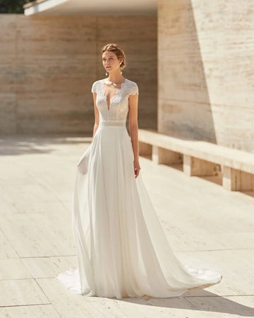 Elegant Sheath Wedding Gown with Delicate Lace Detailing, Graceful Cap Sleeves, and a Flattering V-Neckline for a Timeless and Romantic Bridal Look