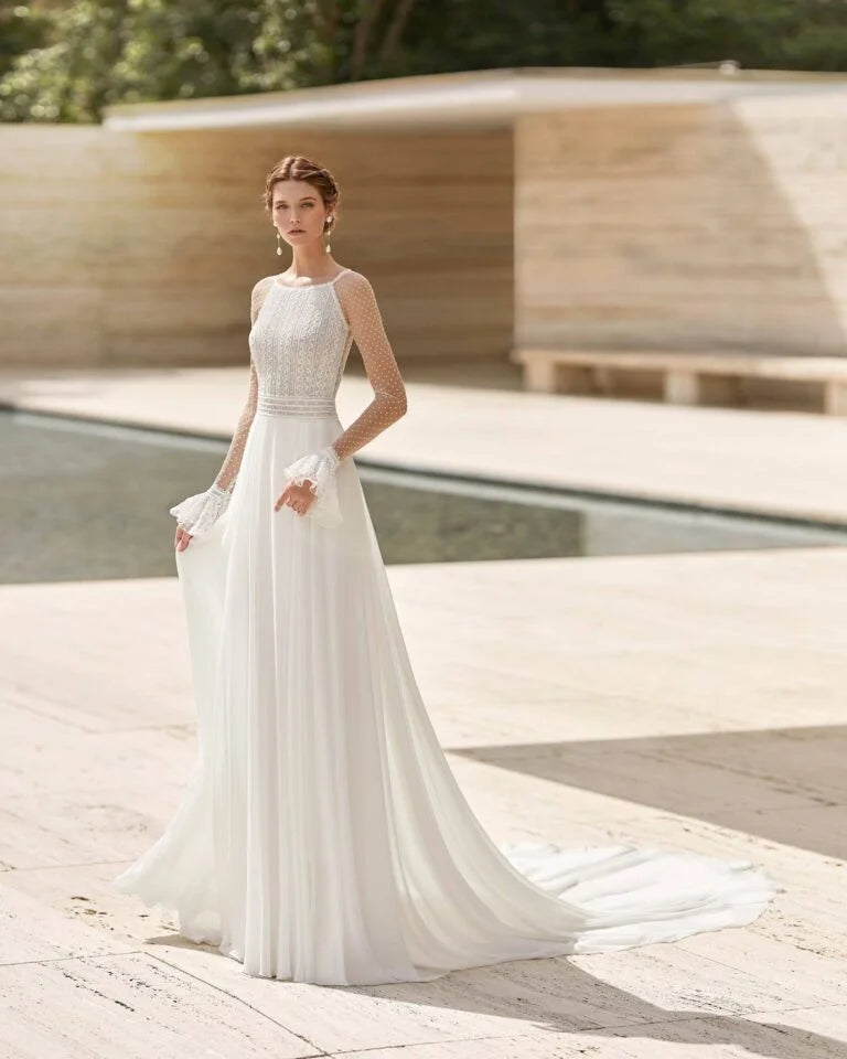 Elegant Long-Sleeve A-Line Wedding Gown with Delicate Lace and Scoop Neckline for a Timeless Bridal Look