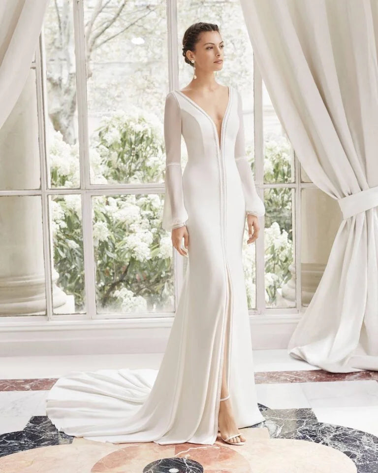 Sophisticated Long-Sleeve Sheath Wedding Gown with Elegant Lace Detailing and a Flattering V-Neckline for a Timeless Bridal Look