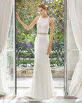 Timeless Strapless Sheath Wedding Gown with a Chic Jewel Neckline and Elegant Lace Detailing for a Graceful Bridal Look