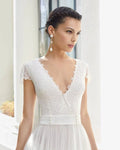 Ethereal A-Line Wedding Gown with Graceful Cap Sleeves, a Flattering V-Neckline, and Delicate Lace Detailing for a Timeless Bridal Look