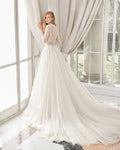 Timeless A-Line Wedding Gown with Elegant Lace Detailing, Graceful Long Sleeves, and a Sophisticated High-Neckline for a Regal and Romantic Bridal Look