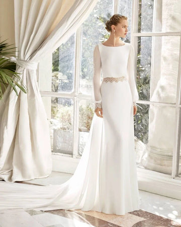 Elegant Sheath Wedding Gown with Delicate Lace Detailing, Graceful Long Sleeves, and a Flattering Scoop Neckline for a Timeless and Romantic Bridal Look