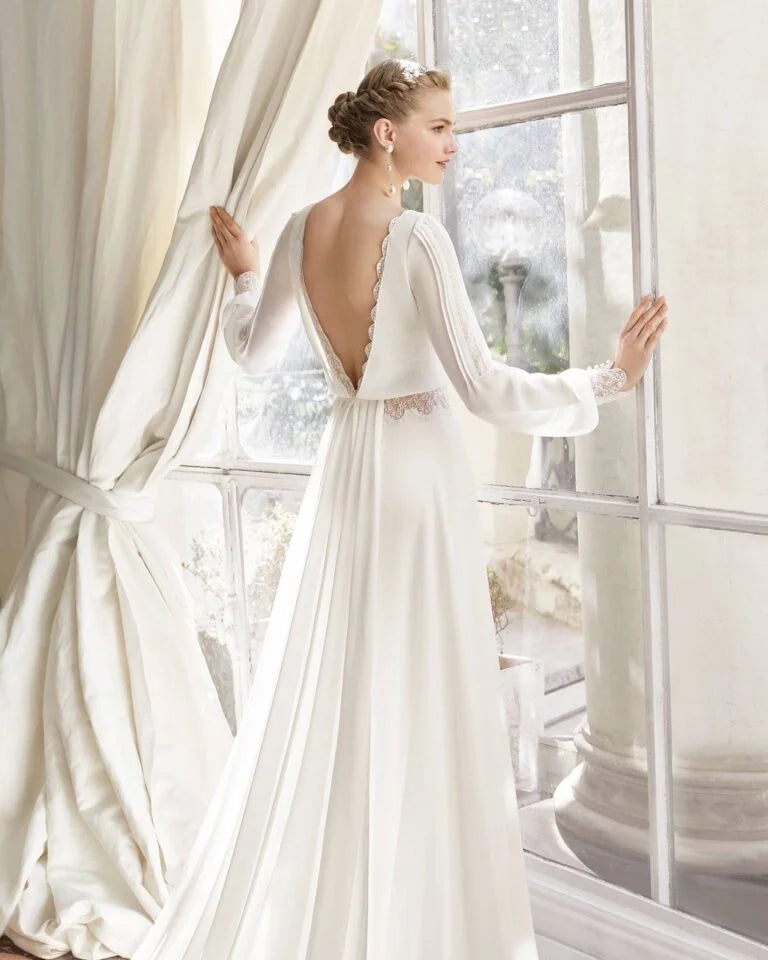 Elegant Sheath Wedding Gown with Delicate Lace Detailing, Graceful Long Sleeves, and a Flattering Scoop Neckline for a Timeless and Romantic Bridal Look