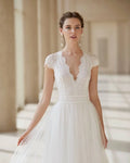 Romantic A-Line Wedding Gown with Delicate Lace Detailing, Charming Cap Sleeves, and a Flattering V-Neckline for an Elegant and Timeless Bridal Look