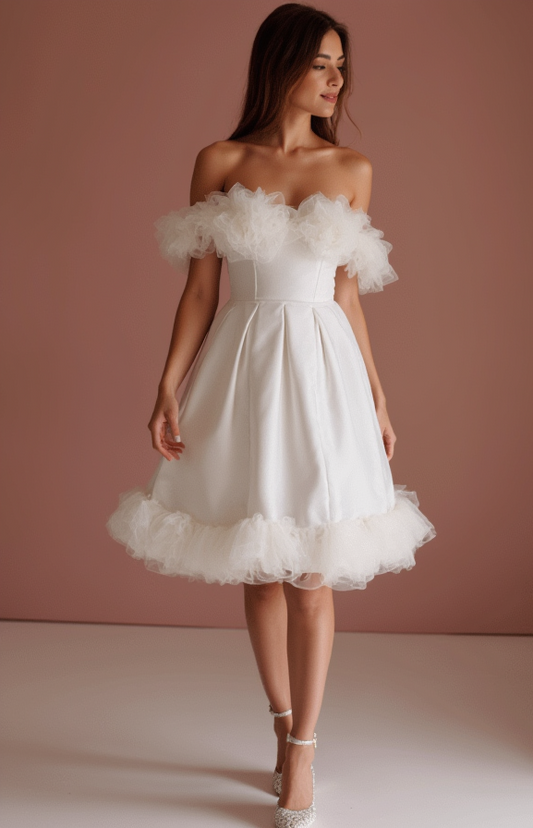 Bohemian White Mini Short Wedding Dress with a Flowing Tulle Skirt for an Ethereal Look