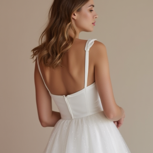 Romantic White Mini Short Wedding Dress with a Heart-Shaped Back for a Sweet Bridal Touch