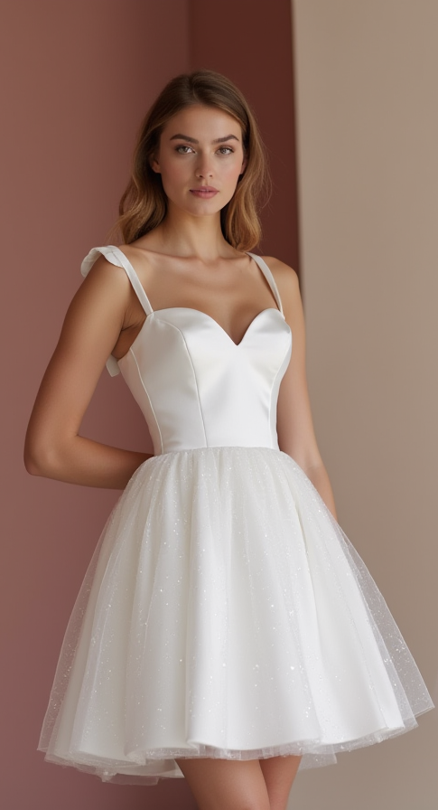 Romantic White Mini Short Wedding Dress with a Heart-Shaped Back for a Sweet Bridal Touch