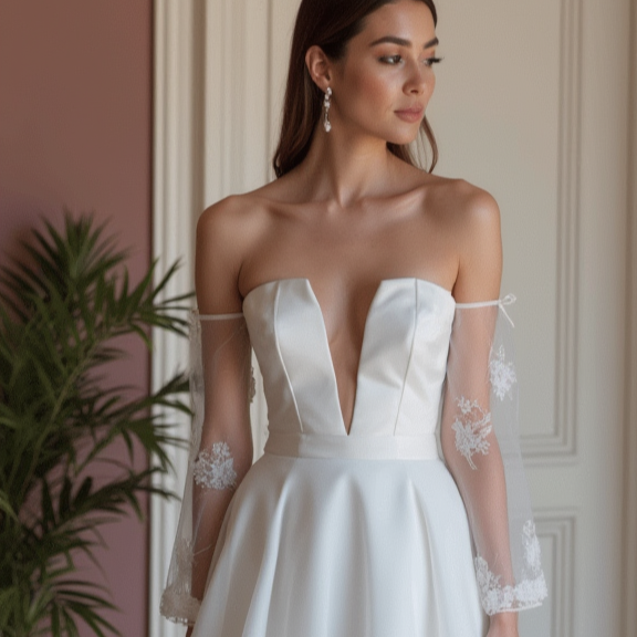 Classic White Mini Short Wedding Dress with a Wide V-Neck for an Elegant Look