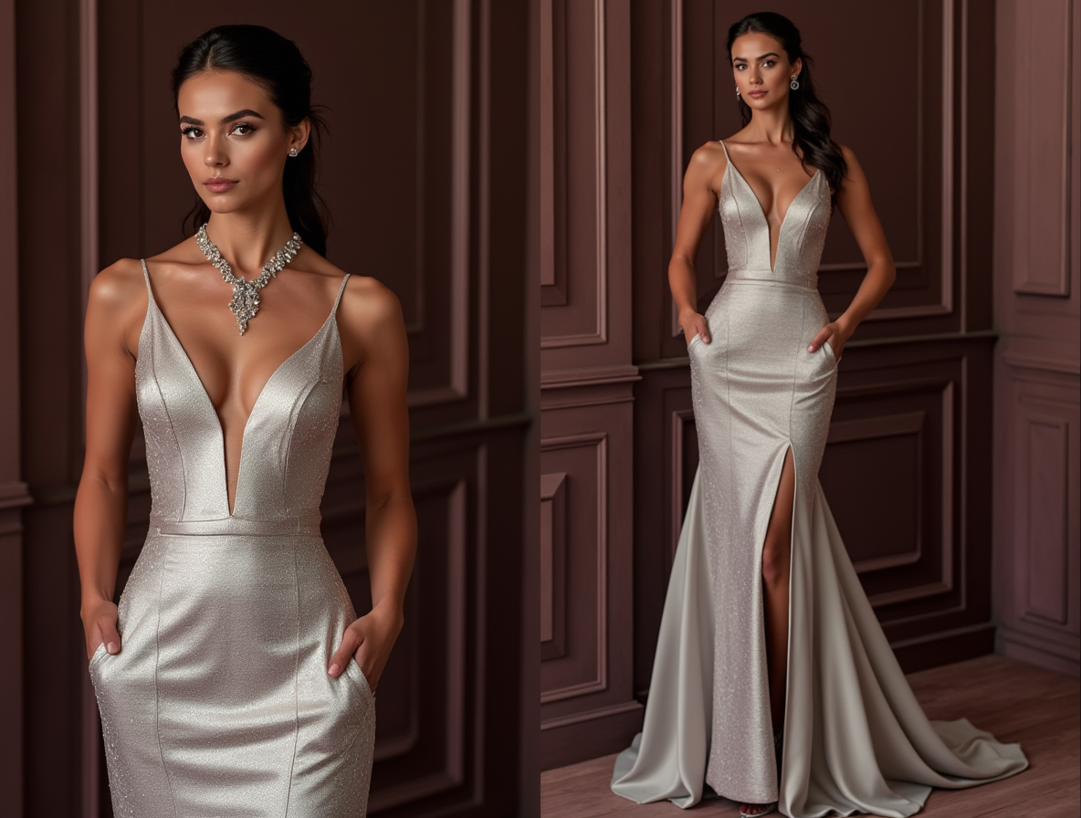 Flirty Silver Evening Dress & Prom Dress with Slit Skirt and Crystal Belt