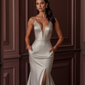 Flirty Silver Evening Dress & Prom Dress with Slit Skirt and Crystal Belt
