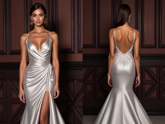 Unique Silver Evening Dress & Prom Dress with Embroidered Details and Sheer Cape
