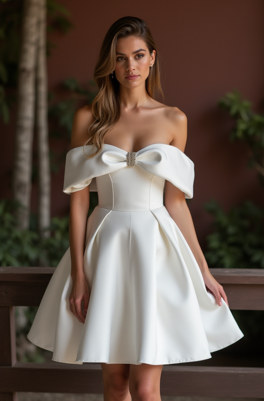 Chic White Mini Short Wedding Dress with a Satin Skirt for a Modern and Sophisticated Bridal Style