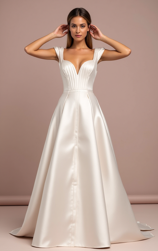 Vintage White A-Line Wedding Dress with Cap Sleeves and Embroidered Lace
