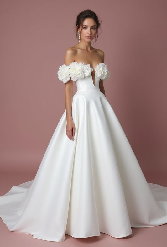 Classic White Princess Wedding Dress with Glitter Tulle and Romantic Lace Appliqué