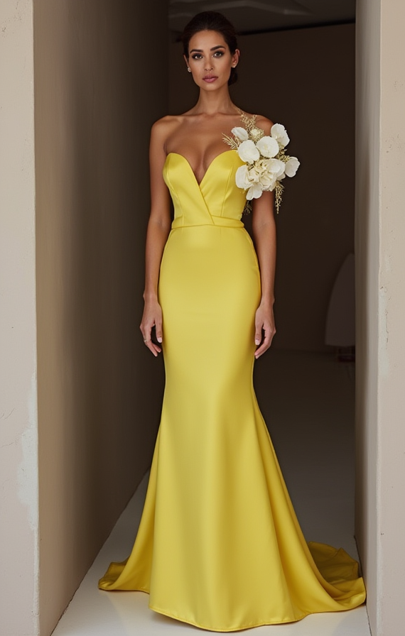 Ultra-Glam Yellow Evening Dress & Prom Dress with Metallic Details