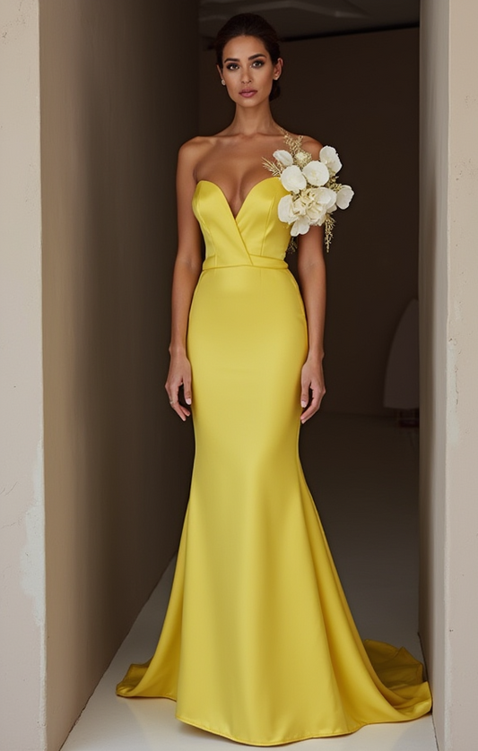 Ultra-Glam Yellow Evening Dress & Prom Dress with Metallic Details