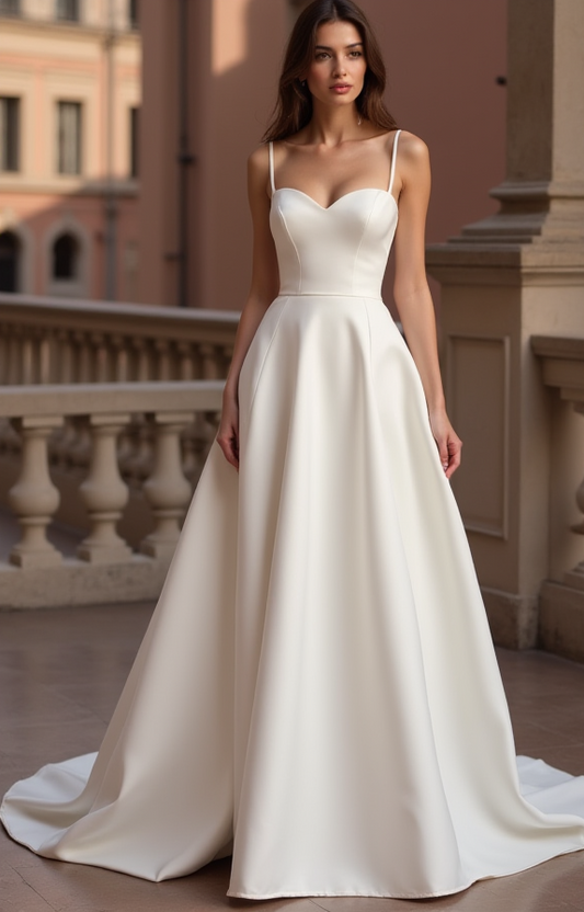 Elegant White A-Line Wedding Dress Gown with Lace Appliqué and Flowing Tulle Skirt