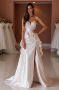 Trendy White A-Line Bridal Gown with Off-Shoulder Draping and Elegant Silhouette