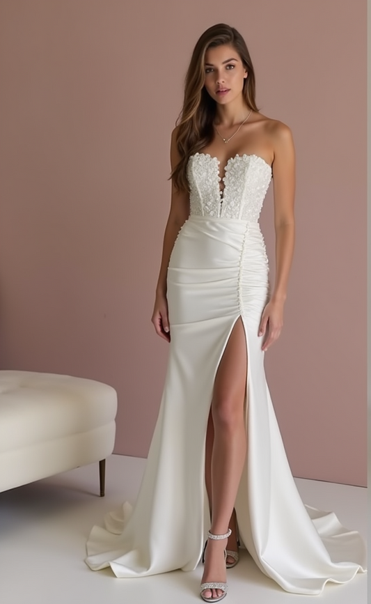 Show-Stopping White A-Line Wedding Dress with a Dramatic Overskirt for Extra Volume